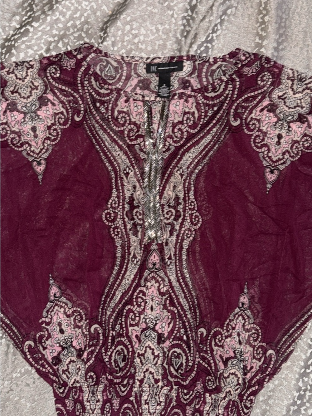 INC International Concepts Plum Paisley V-Neck Blouse with Metallic Trim